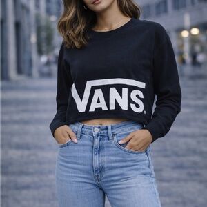 VANS Black Cropped Logo Sweatshirt | Long Sleeve Crewneck | Size M
